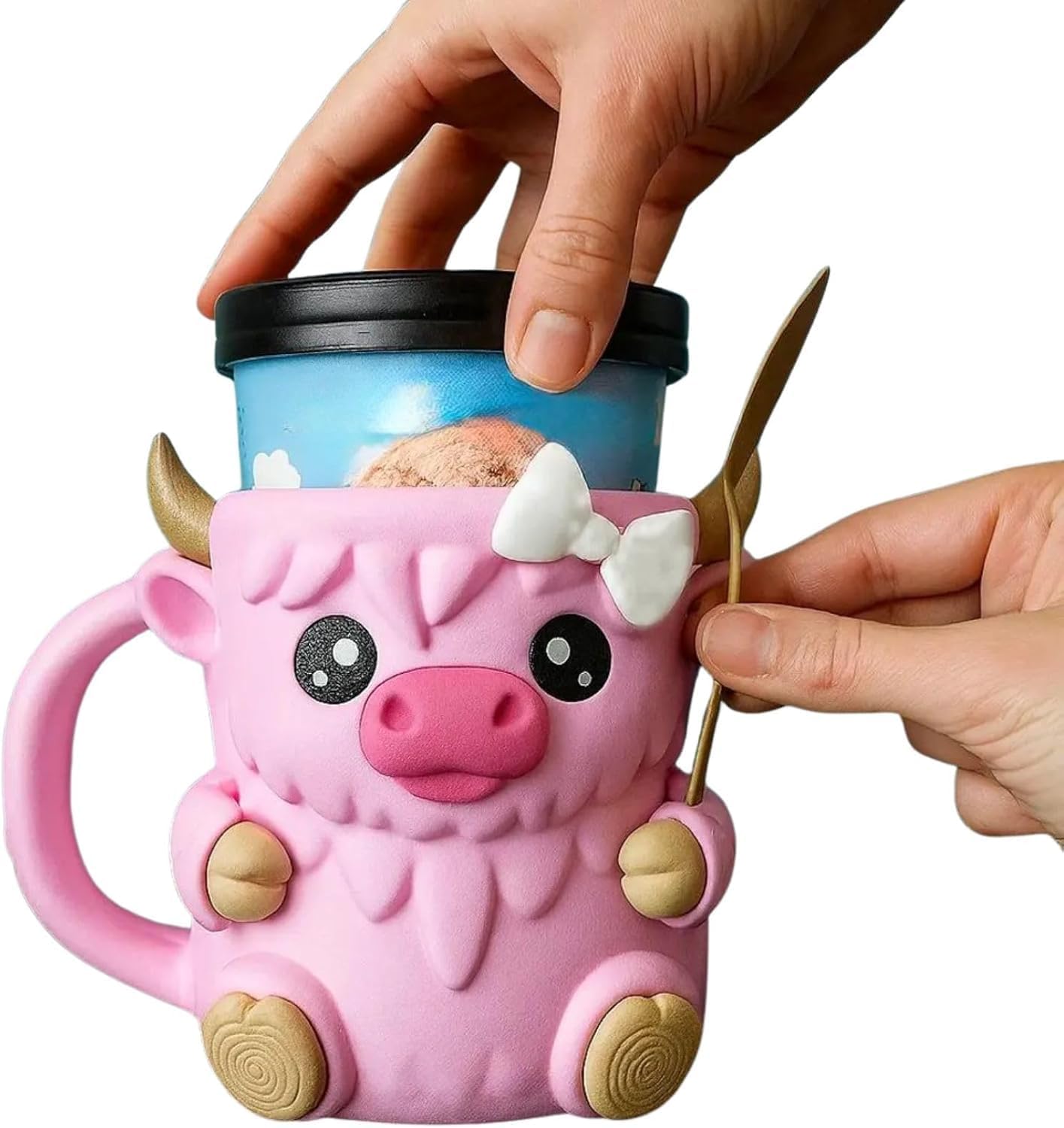 Highland Cow Ice Pint Holder, Cute Cow Ice Cream Pint Holder, Anti-Freeze Hands Ice Cream Sundae with Spoon Slot, Secret Snack Drawer, Reusable Ice Cream, Gift (Pink-1 with Spoons)