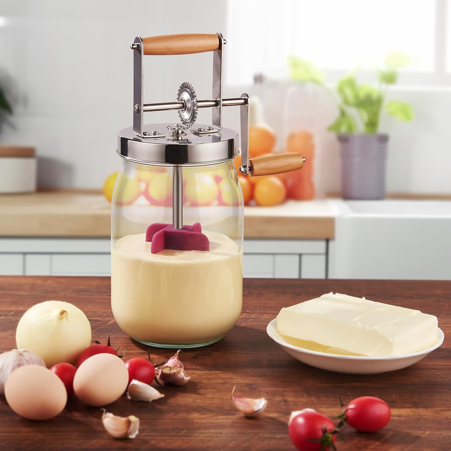 Manual Butter Maker Churner, 1.5L Mason Jar Machine With Stainless Steel Gear and Hand Crank, Wooden Handle for Baking - Top Gadgets