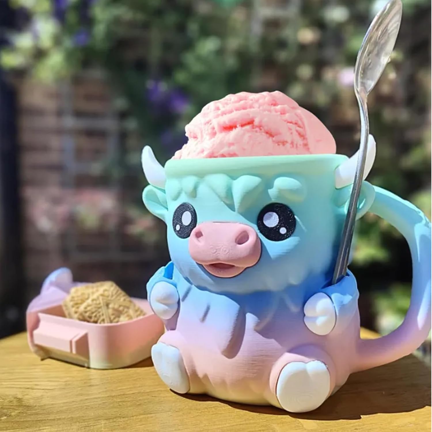 Highland Cow Ice Pint Holder, Cute Cow Ice Cream Pint Holder, Anti-Freeze Hands Ice Cream Sundae with Spoon Slot, Secret Snack Drawer, Reusable Ice Cream, Gift (Pink-1 with Spoons)