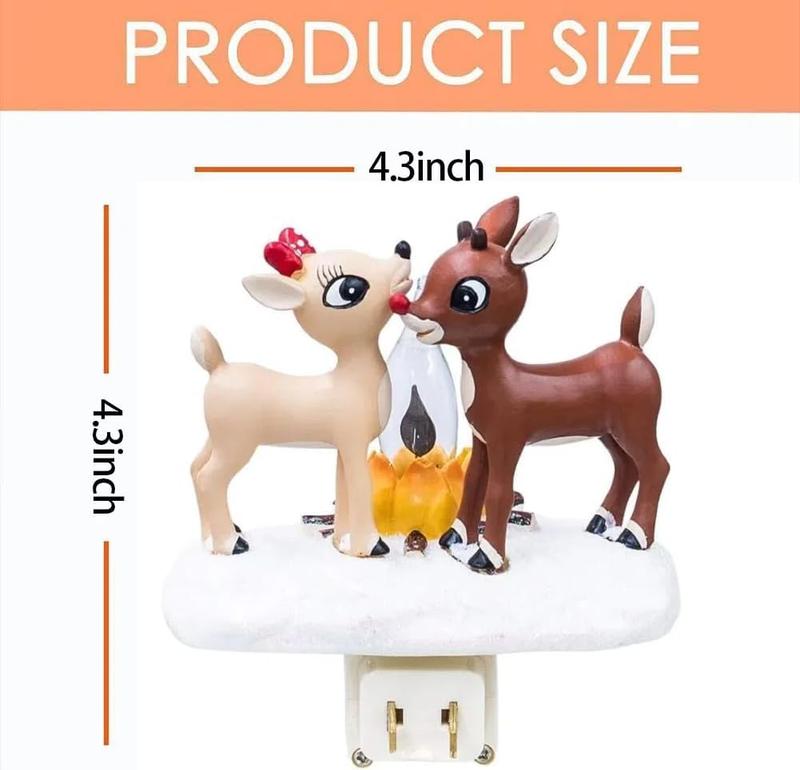 Reindeer Night Light with Flickering Flame – LED Faux Campfire Lamp for Christmas & Halloween Decor, Warm White Twinkling Nightlight for Bedroom, Living Room – Plug in Holiday Home Decoration