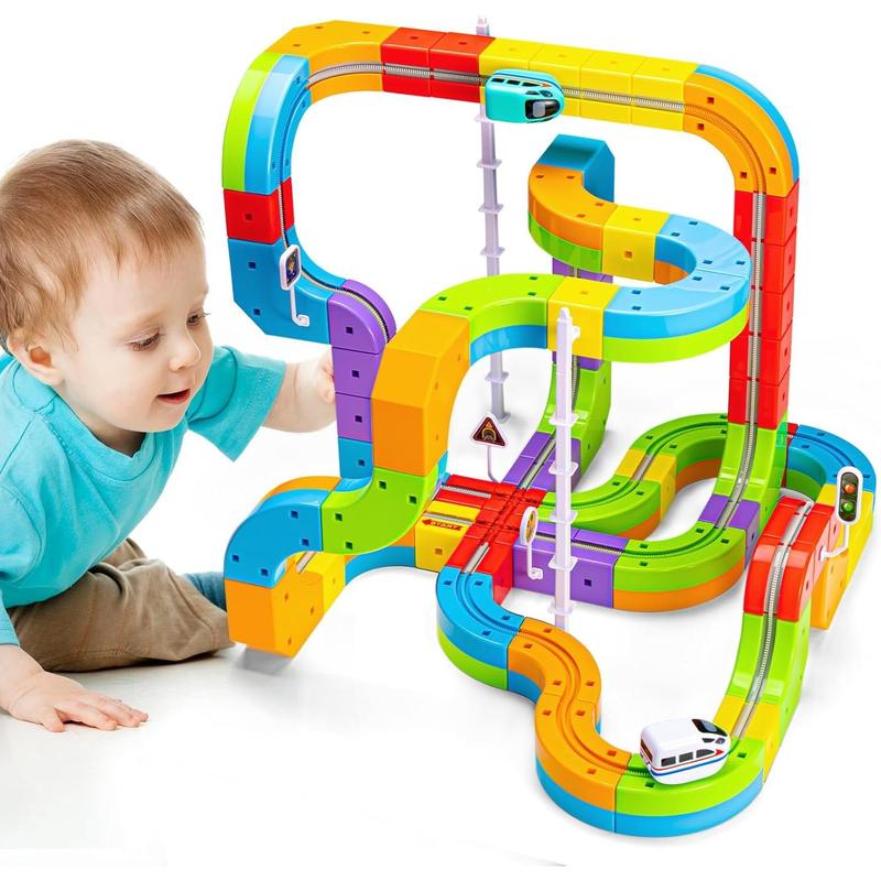 Electric Train Set Flexible Race Track for Kids 4 6 7 8, 48 Pcs Car Track for Toddlers 3-5, Building Toy Train Track Gravity-Defying 3D Embedded Layouts & Motorized Car, STEM Learning Gift