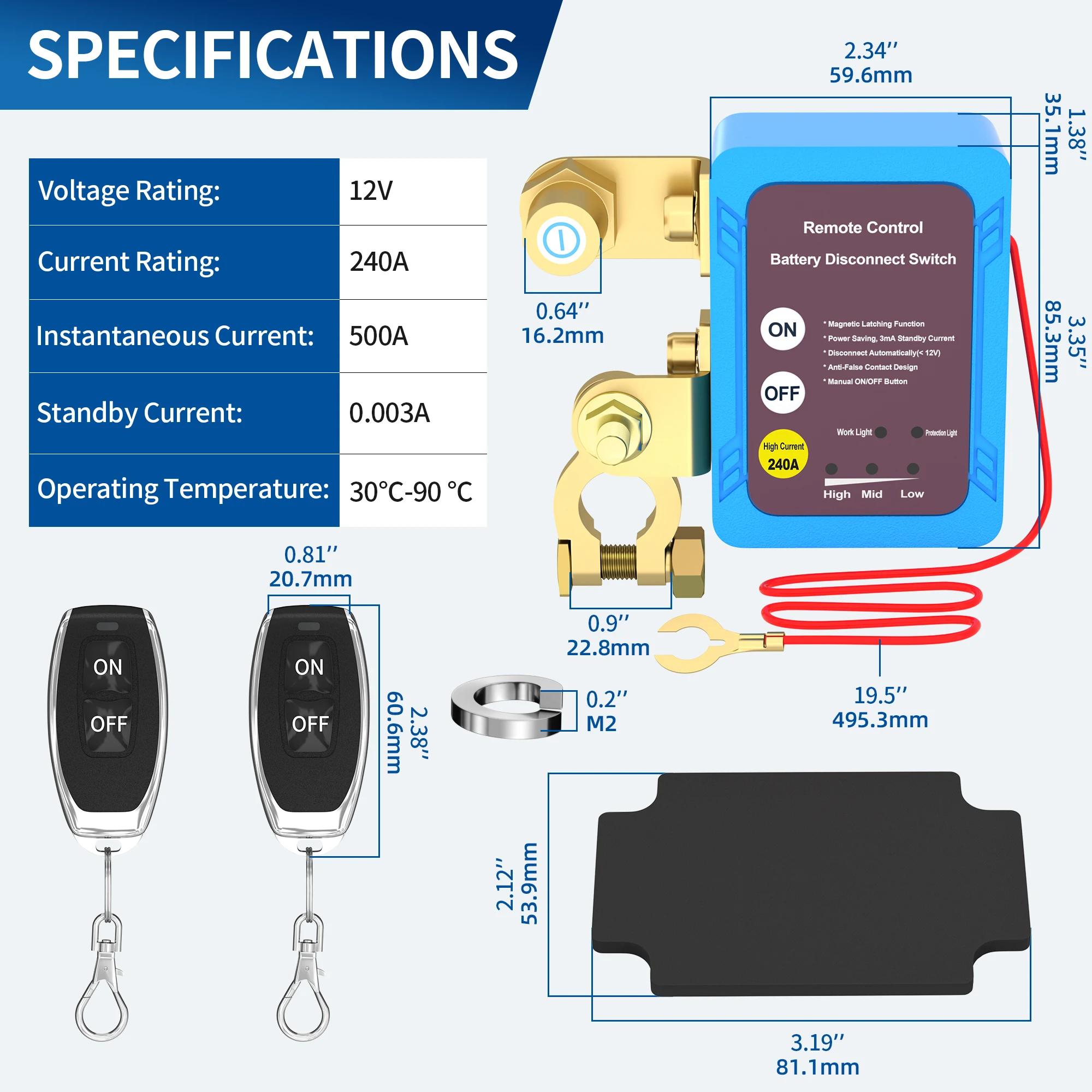 12V 240A Battery Disconnect Cut OFF Switch 2 Keys Remote Battery Disconnect Switch for Cars Auto Truck Boat