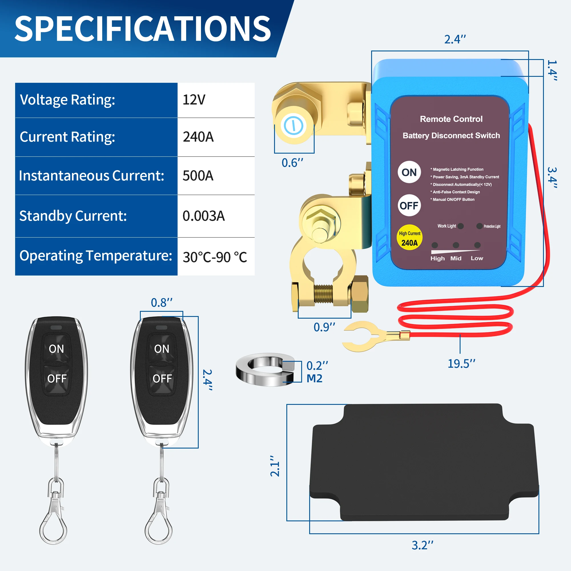 12V 240A Battery Disconnect Cut OFF Switch 2 Keys Remote Battery Disconnect Switch for Cars Auto Truck Boat