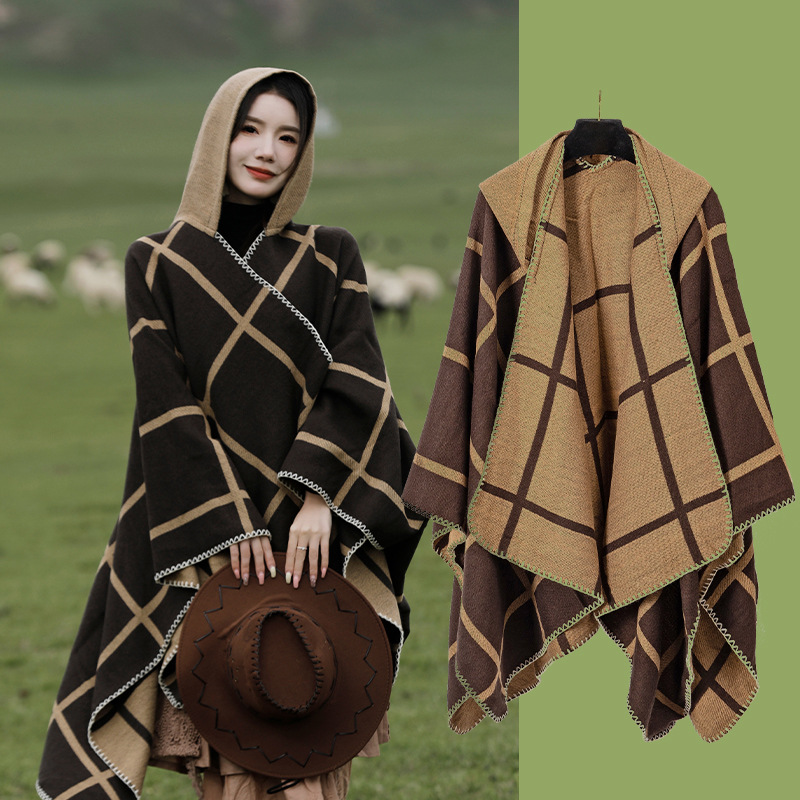 Plaid Hooded Shawl