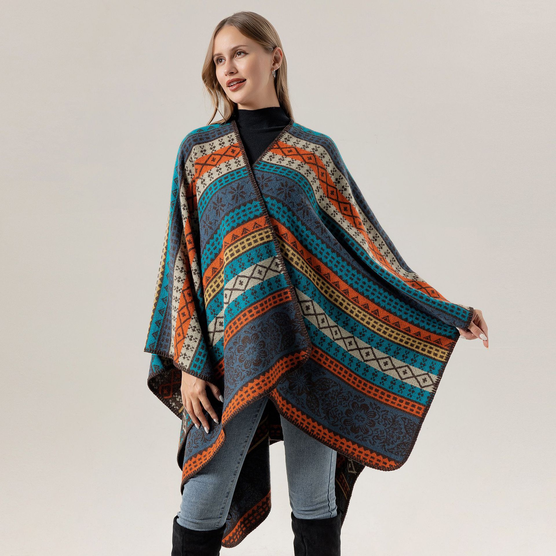 Horizontal Striped Geometric Shawl