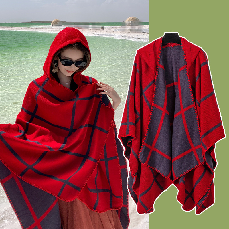 Plaid Hooded Shawl