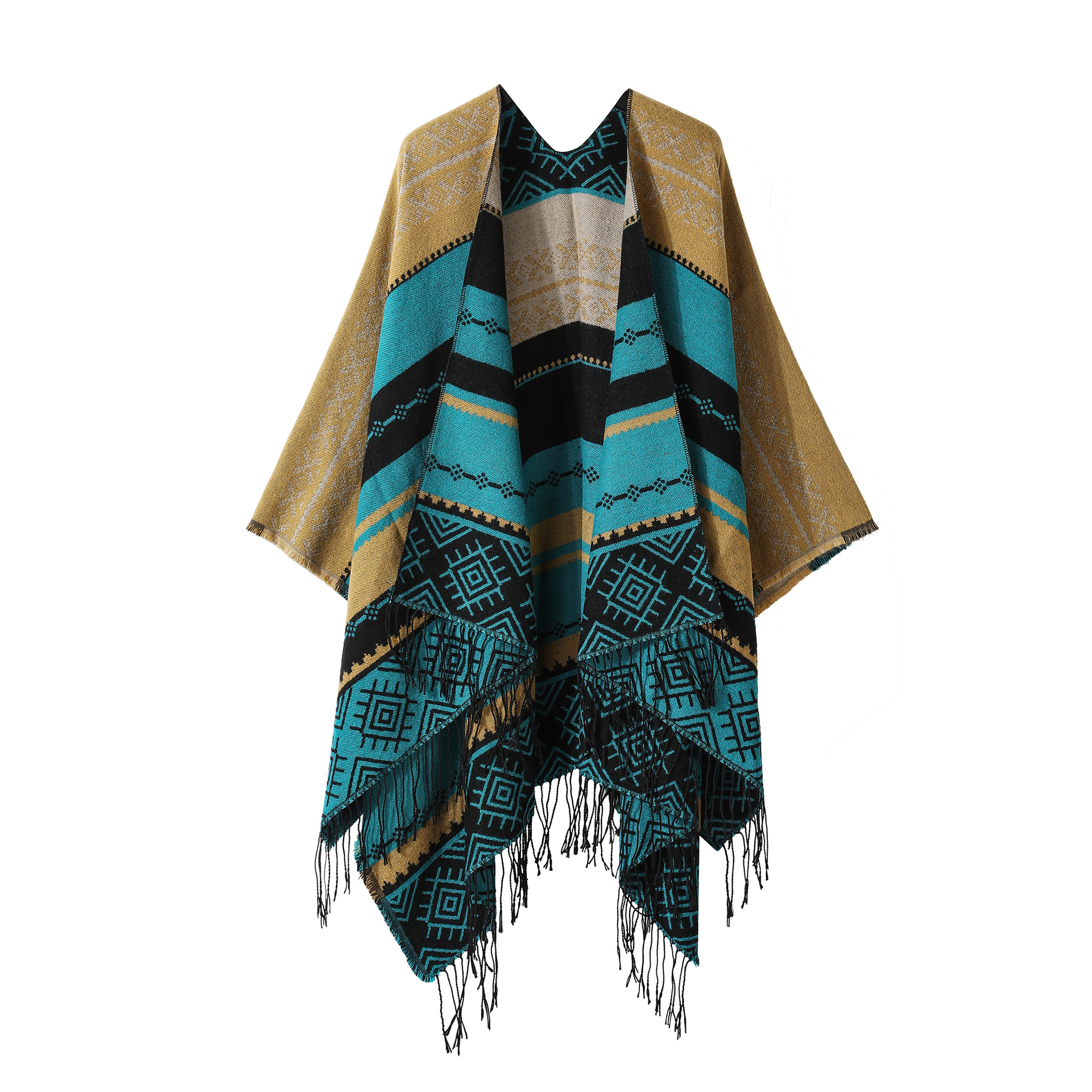 Color Blocked Square Fringe Shawl