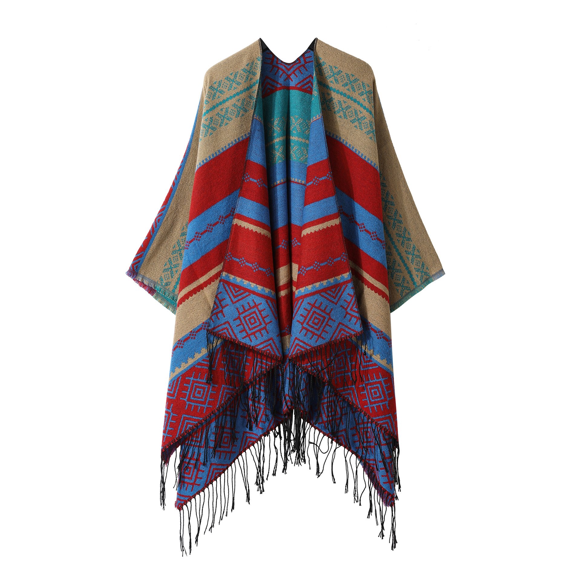 Color Blocked Square Fringe Shawl