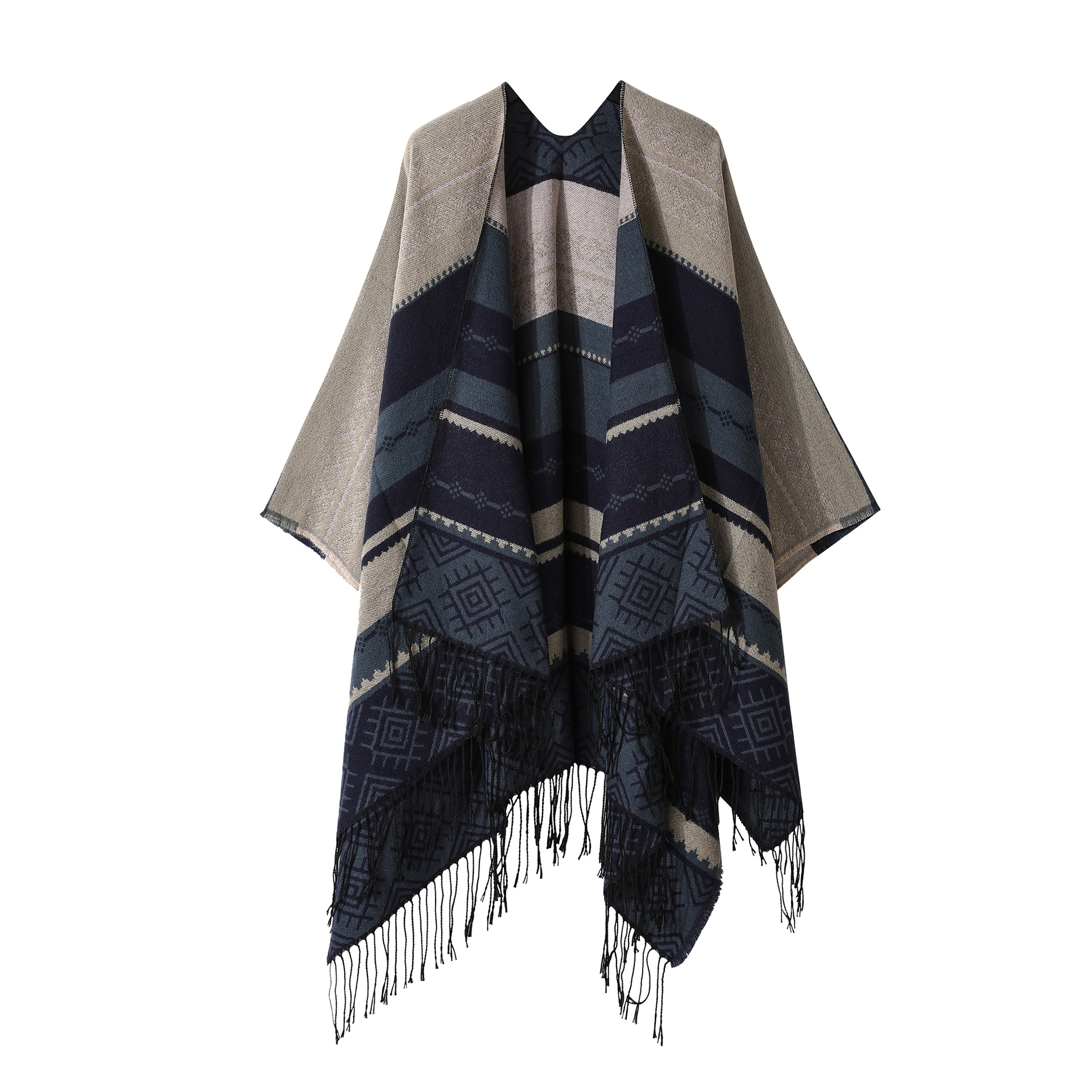 Color Blocked Square Fringe Shawl