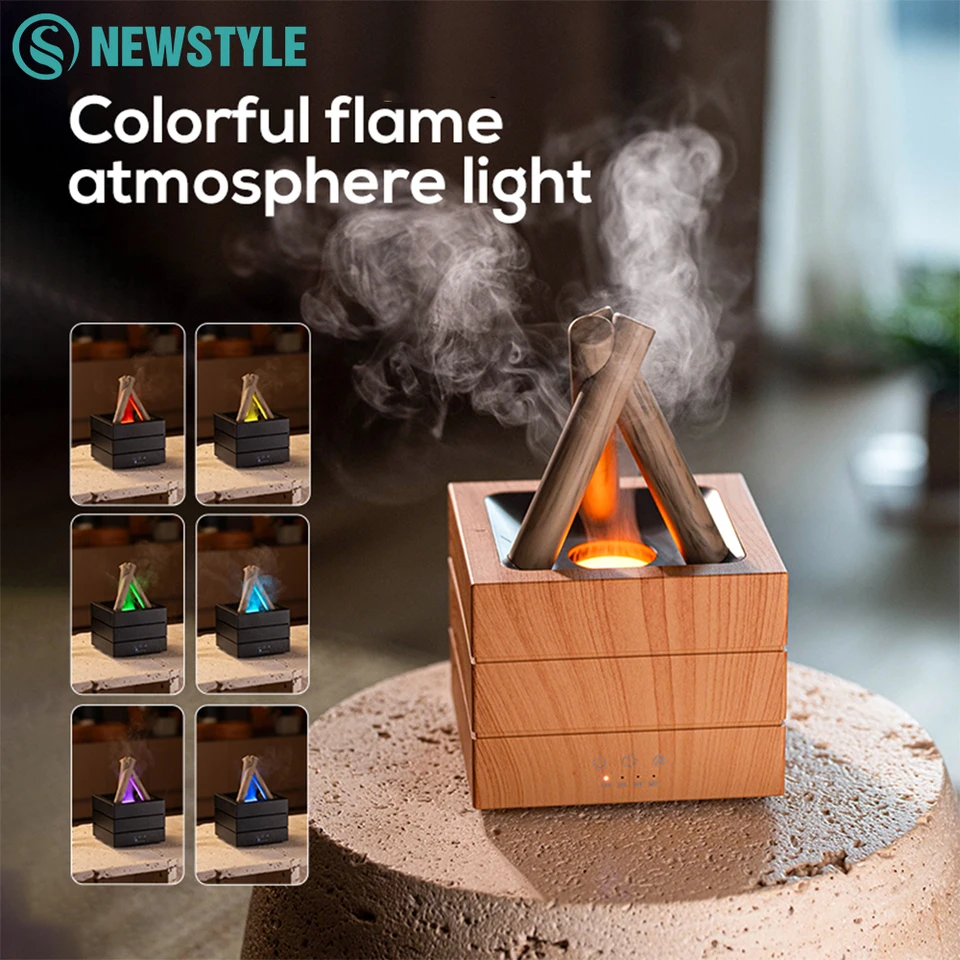 Colorful Flame Air Humidifier with Atmosphere Night Light and Remote Control Bonfire Essential Oil Aroma Diffuser for Bedroom