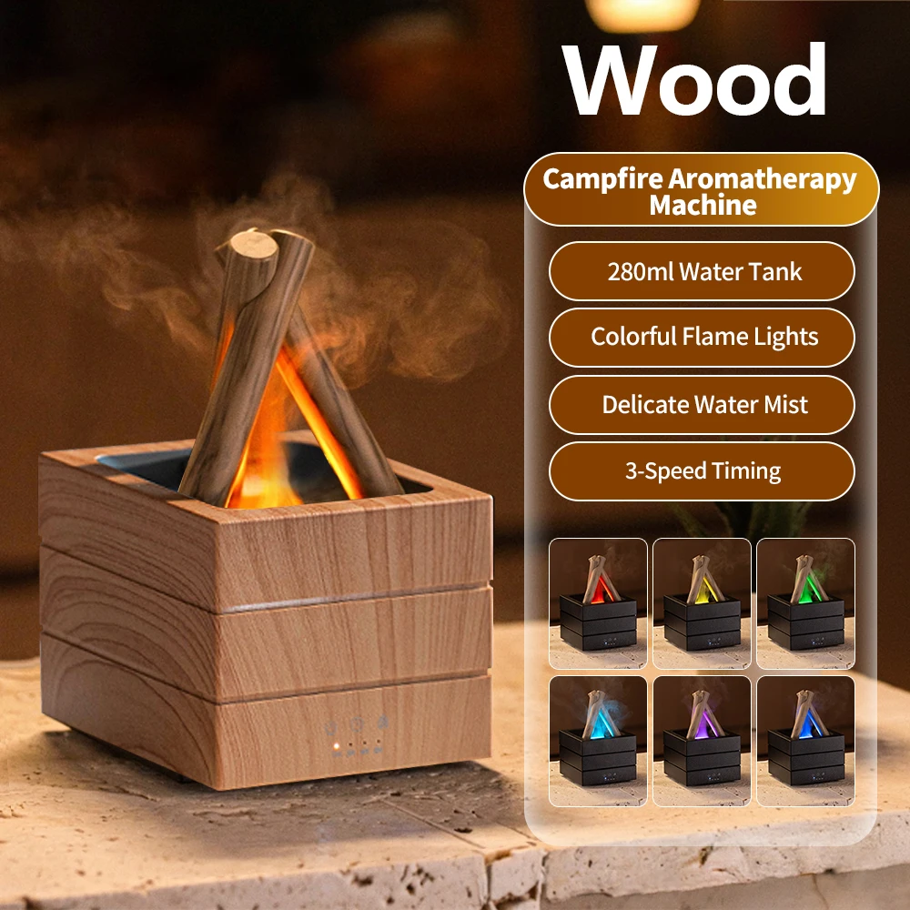 Colorful Flame Air Humidifier with Atmosphere Night Light and Remote Control Bonfire Essential Oil Aroma Diffuser for Bedroom