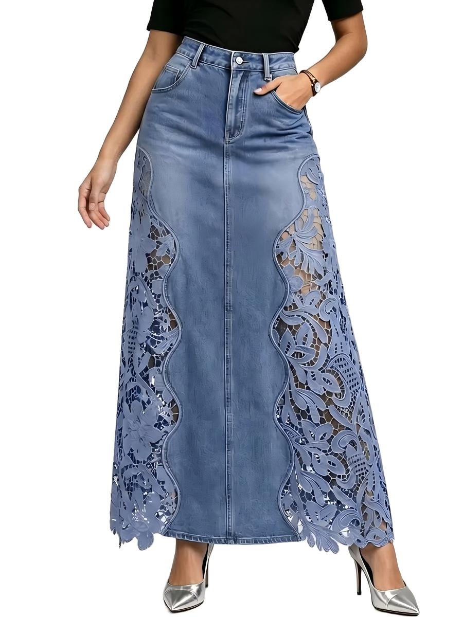 Stylish Lace-paneled Long Denim Skirt
