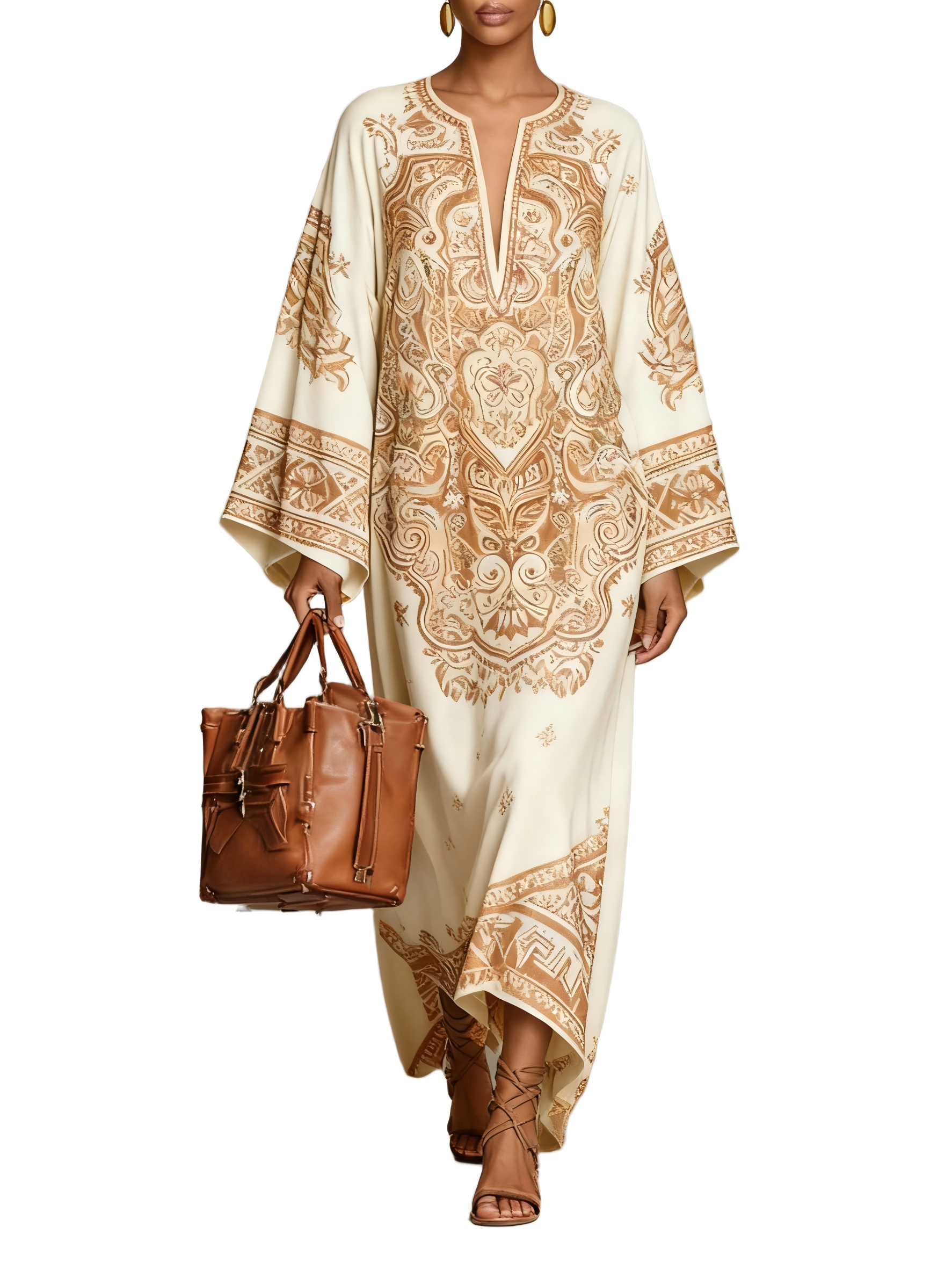 Women's Paisley Print Crew Neck Flared Pants Long Sleeve Loose Long Dress