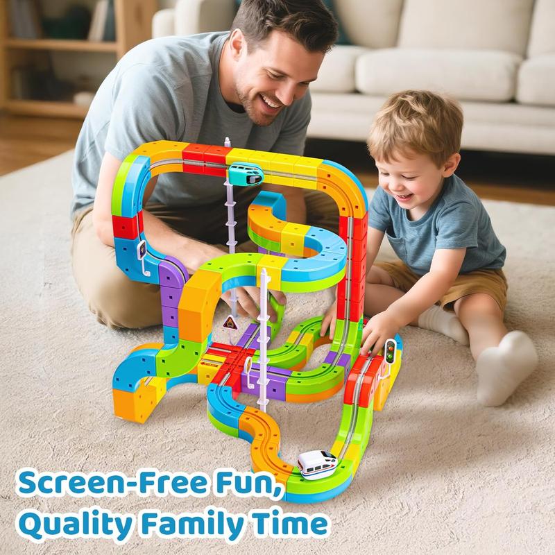 Electric Train Set Flexible Race Track for Kids 4 6 7 8, 48 Pcs Car Track for Toddlers 3-5, Building Toy Train Track Gravity-Defying 3D Embedded Layouts & Motorized Car, STEM Learning Gift