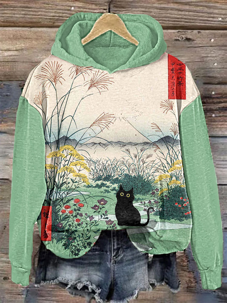 Japanese Art Painting Black Cat Print Casual Cozy Hoodie