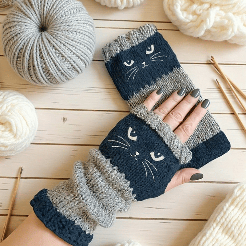 🔥Winter Hot Sale🔥Cat Embroidery Fingerless Gloves - Cozy, Stylish, Casual Winter Wear