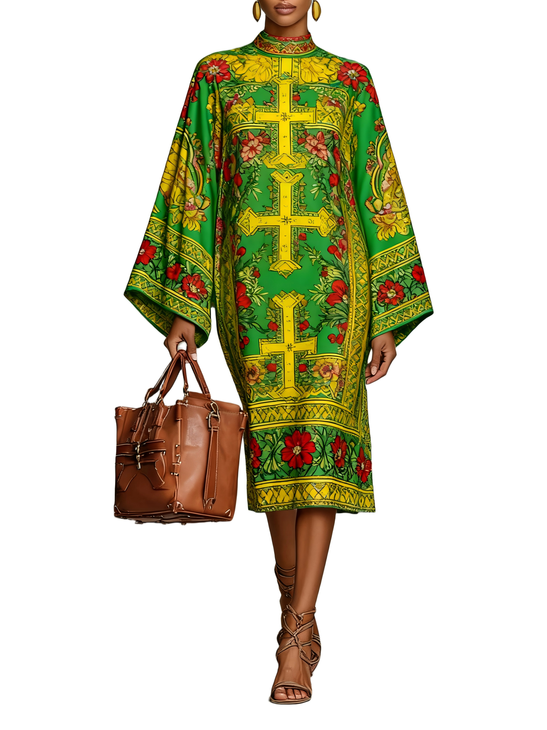 Women's African Tribal Art Print Crew Neck Long Sleeve Loose Medium Dress
