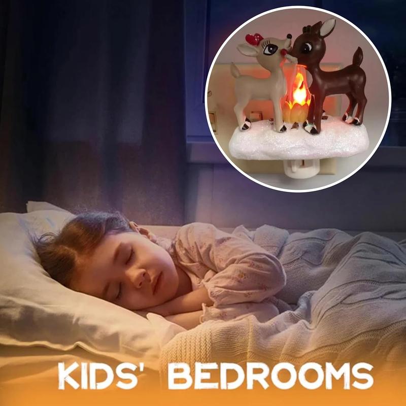 Reindeer Night Light with Flickering Flame – LED Faux Campfire Lamp for Christmas & Halloween Decor, Warm White Twinkling Nightlight for Bedroom, Living Room – Plug in Holiday Home Decoration