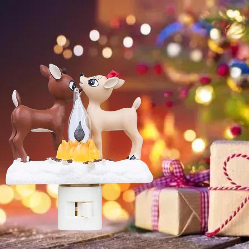 Reindeer Night Light with Flickering Flame – LED Faux Campfire Lamp for Christmas & Halloween Decor, Warm White Twinkling Nightlight for Bedroom, Living Room – Plug in Holiday Home Decoration
