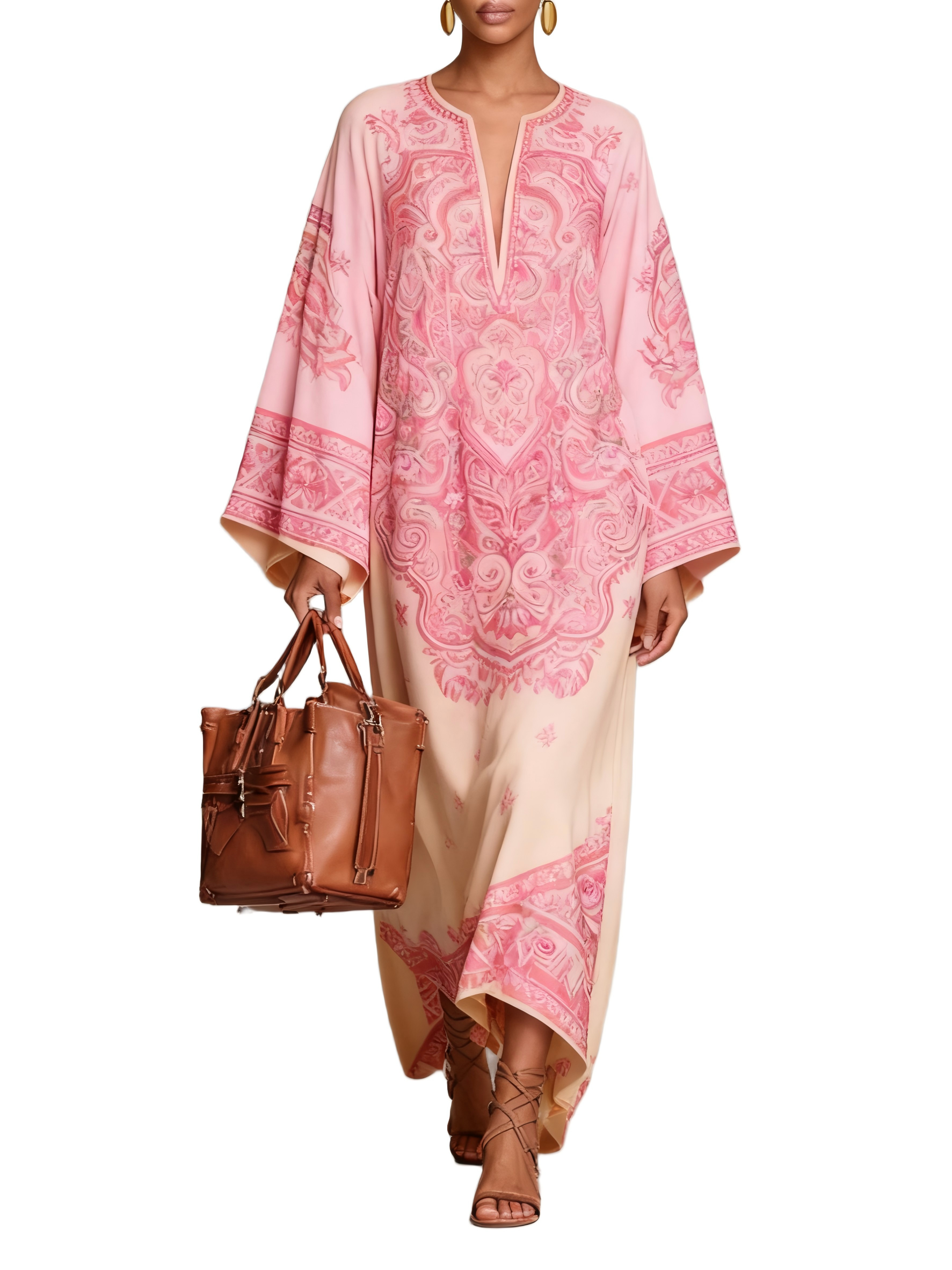Women's Paisley Print Crew Neck Flared Pants Long Sleeve Loose Long Dress
