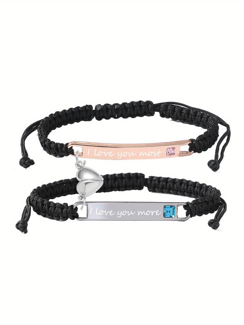 2pcs Set Lovebirds Magnetic Bracelets, Handmade Braided Heart-Shaped Alloy Wristbands with I Love You More" & I Love You Most" Engravings, Adjustable Rope Cuff Bands, Perfect Anniversary Gift for Couples, | Romantic Gift | Alloy Construction, Love Gifts
