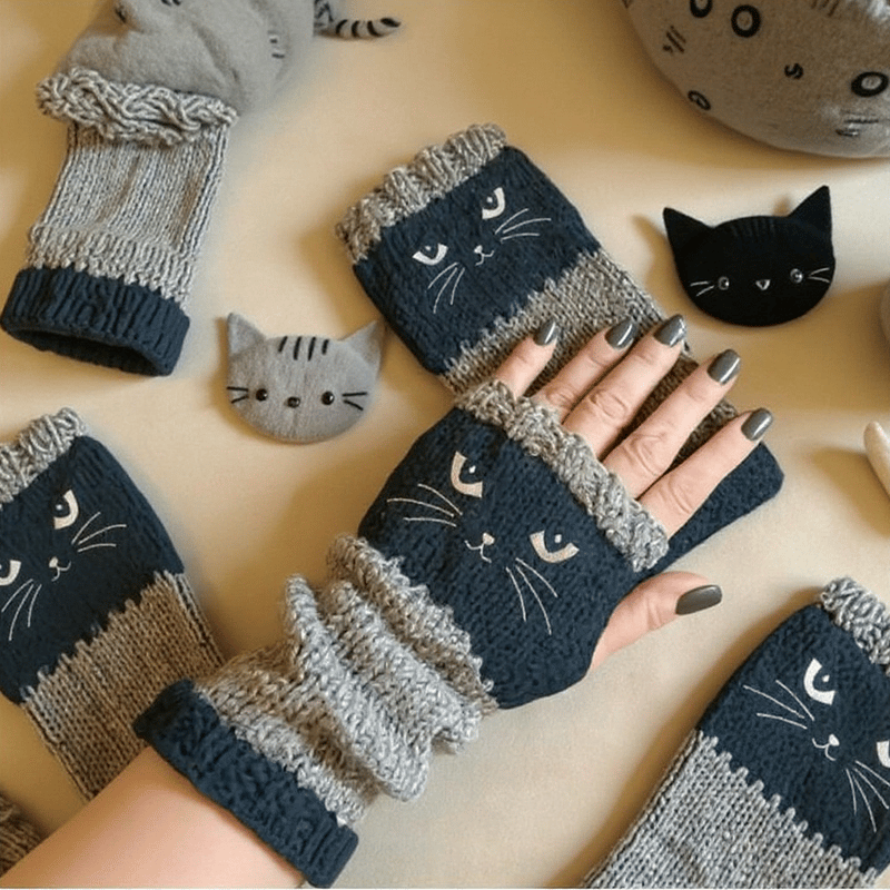 🔥Winter Hot Sale🔥Cat Embroidery Fingerless Gloves - Cozy, Stylish, Casual Winter Wear