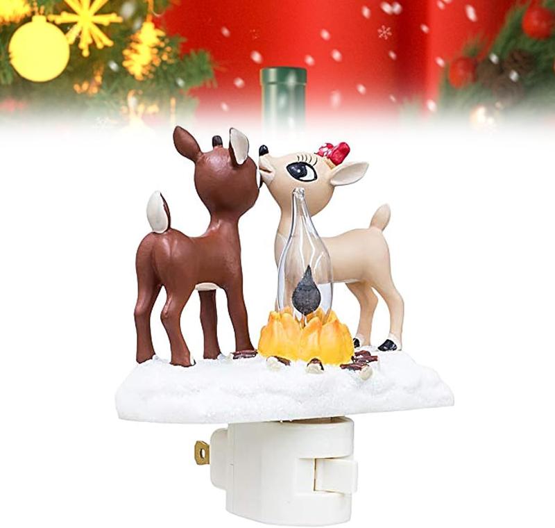 Reindeer Night Light with Flickering Flame – LED Faux Campfire Lamp for Christmas & Halloween Decor, Warm White Twinkling Nightlight for Bedroom, Living Room – Plug in Holiday Home Decoration