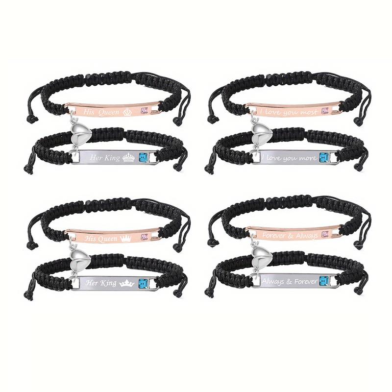 2pcs Set Lovebirds Magnetic Bracelets, Handmade Braided Heart-Shaped Alloy Wristbands with I Love You More" & I Love You Most" Engravings, Adjustable Rope Cuff Bands, Perfect Anniversary Gift for Couples, | Romantic Gift | Alloy Construction, Love Gifts