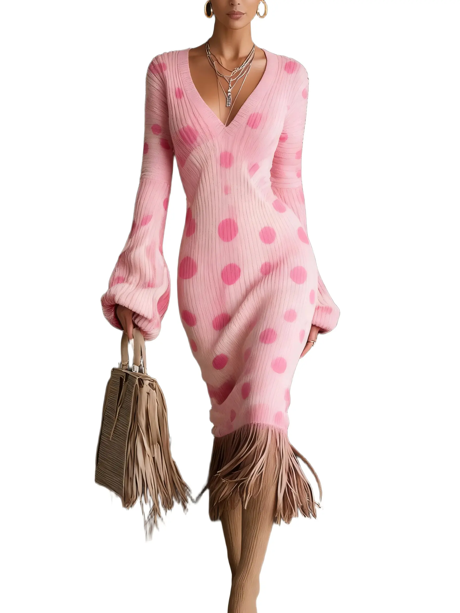 Printed Textured Knitted Tassel Hem Long Sleeve Midi Dress