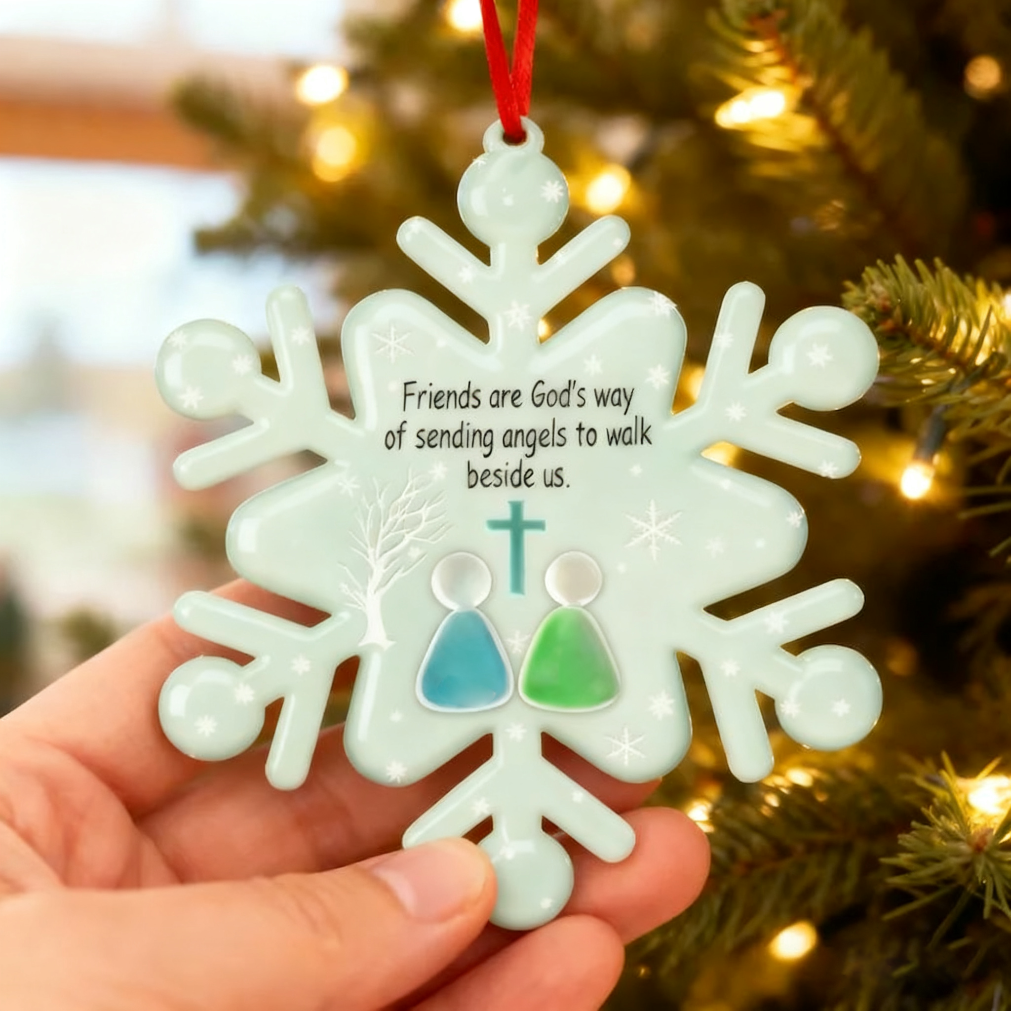 Religious Friendship Snowflake Sea Glass Ornament