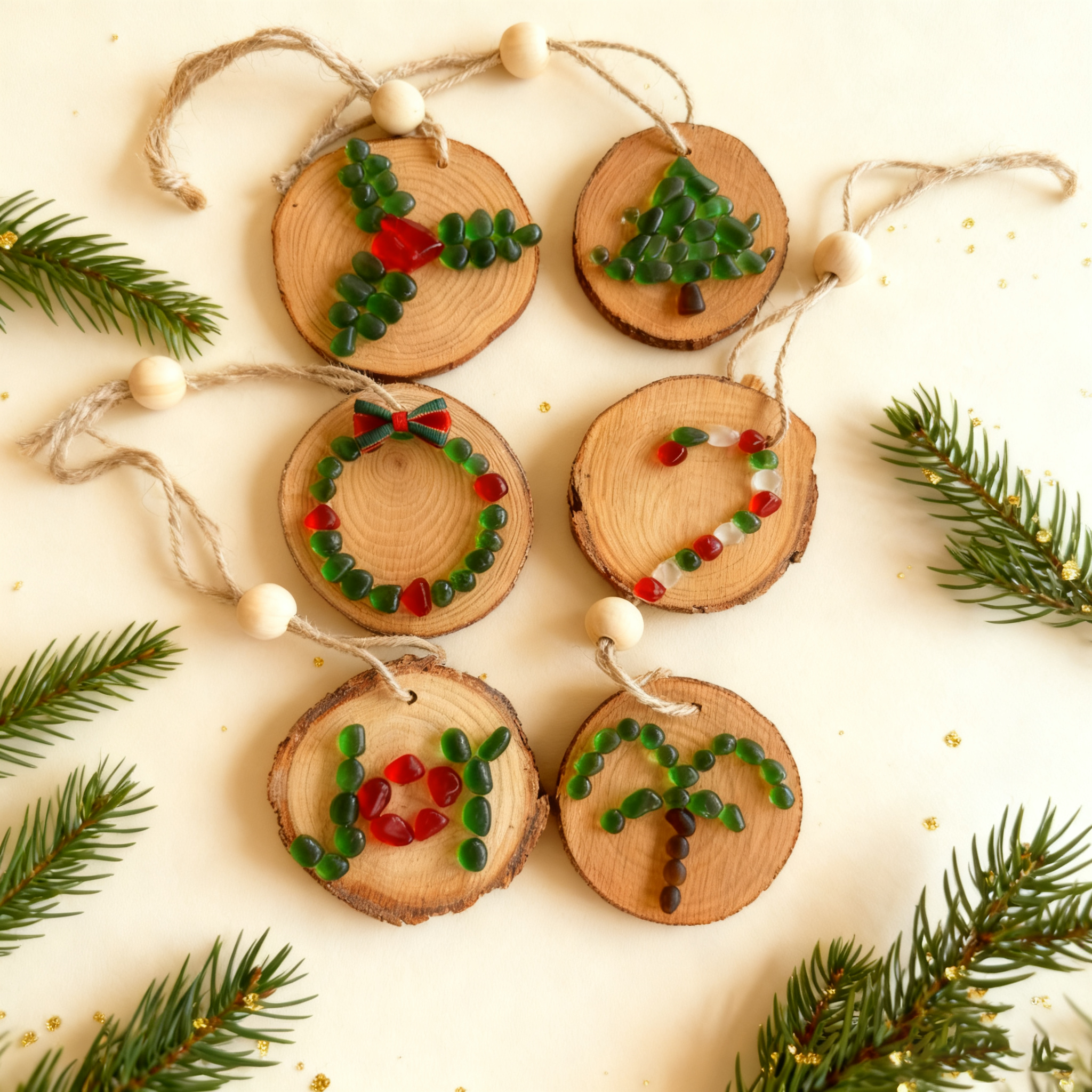 Unique Handmade Sea Galss Wooden Christmas Tree Decorations