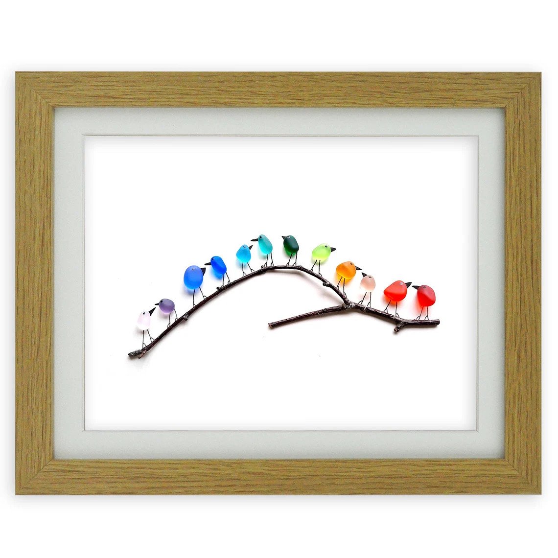 Sea Glass Rainbow Birds - Sea Glass Art- Sea Glass & Driftwood Picture - Framed Unique Handmade