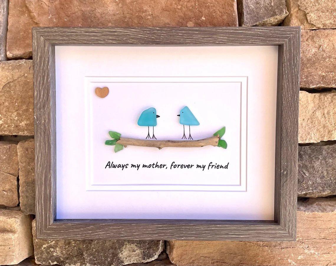 ❤️Unique Gift for Mom, Sea Glass Art Captioned “Always my mother, forever my friend”Mother’s Day Gift,