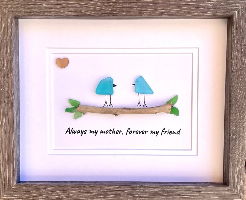 ❤️Unique Gift for Mom, Sea Glass Art Captioned “Always my mother, forever my friend”Mother’s Day Gift,