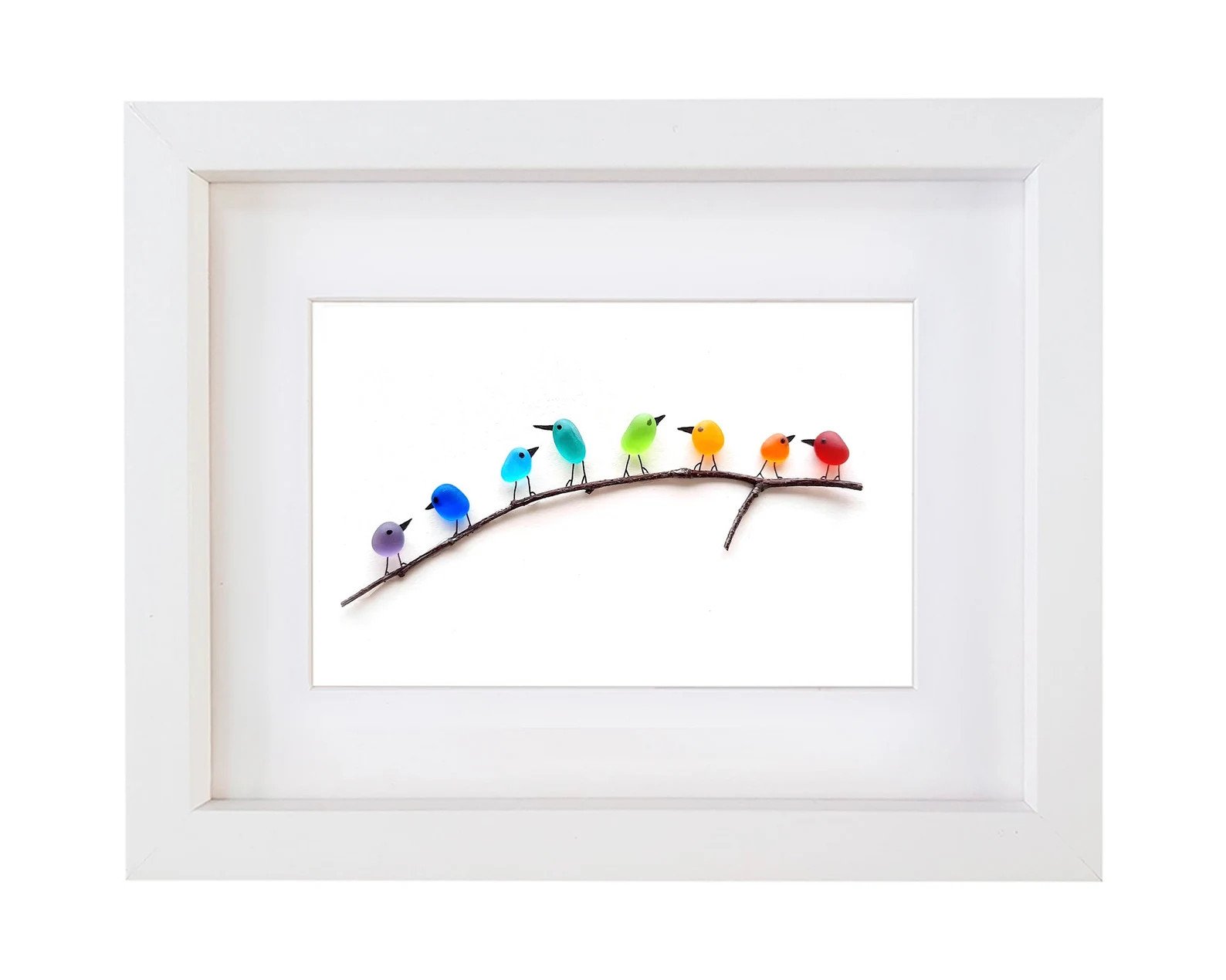 Sea Glass Rainbow Birds - Sea Glass Art- Sea Glass & Driftwood Picture - Framed Unique Handmade