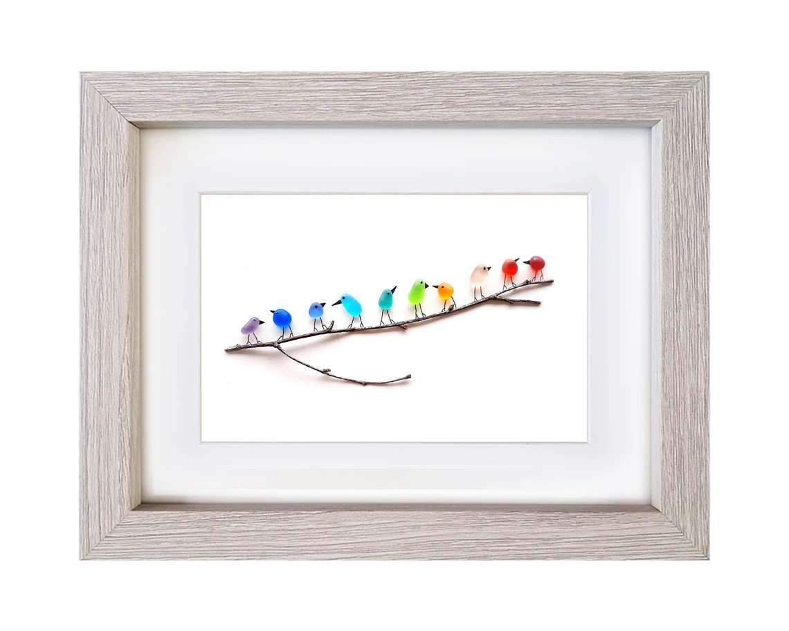 Sea Glass Rainbow Birds - Sea Glass Art- Sea Glass & Driftwood Picture - Framed Unique Handmade