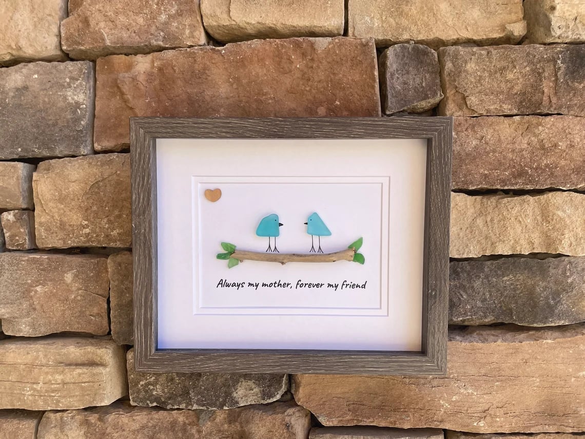❤️Unique Gift for Mom, Sea Glass Art Captioned “Always my mother, forever my friend”Mother’s Day Gift,