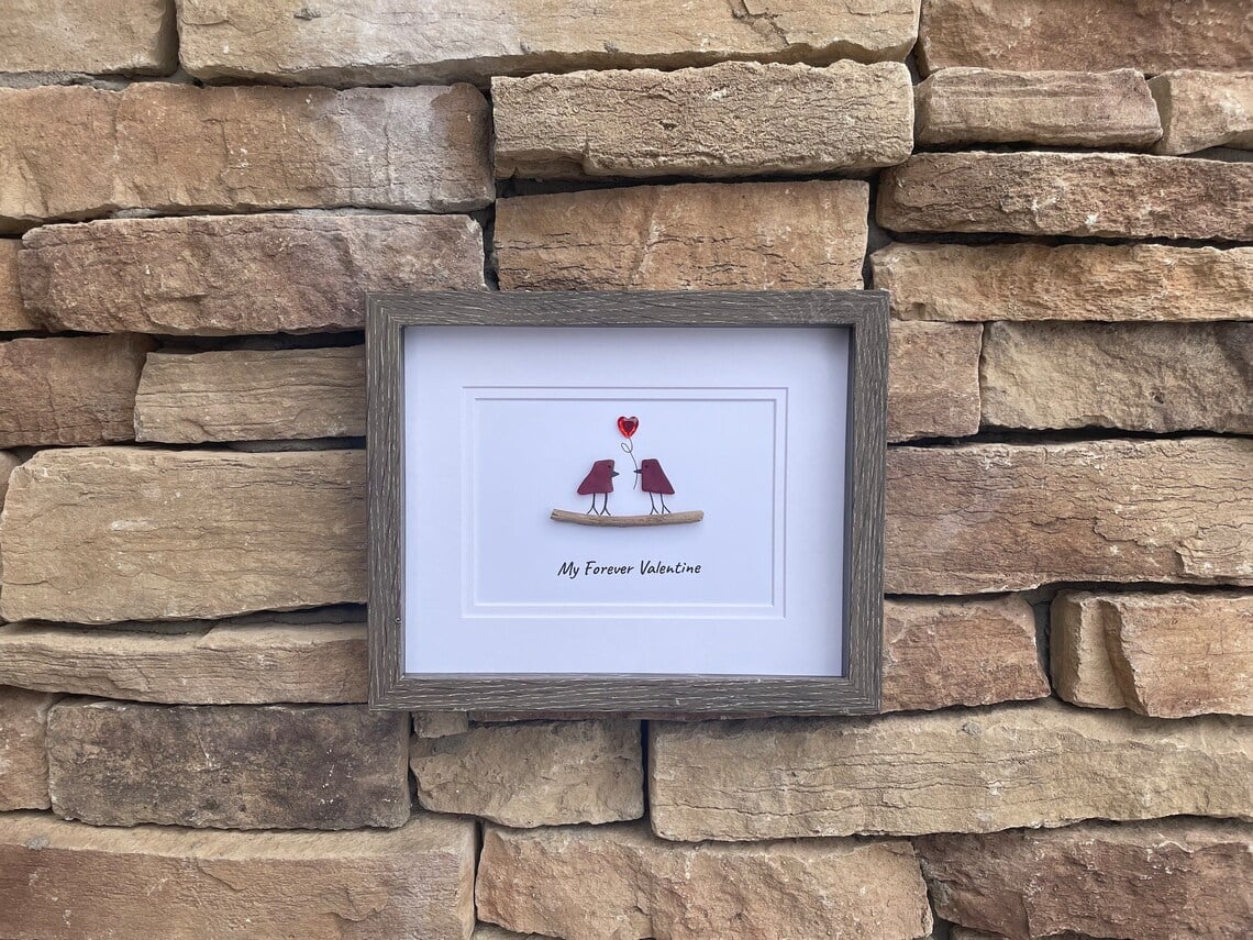 ❤️“My Forever Valentine”❤️ Sea Glass Art Showing Two Birds in Love, A gift for someone to love