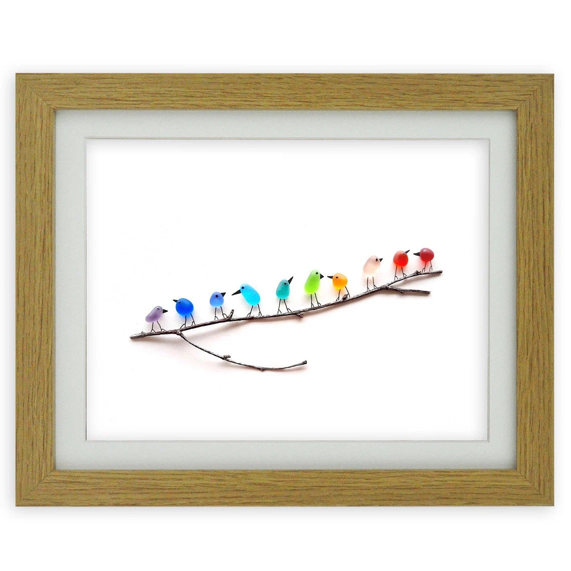 Sea Glass Rainbow Birds - Sea Glass Art- Sea Glass & Driftwood Picture - Framed Unique Handmade