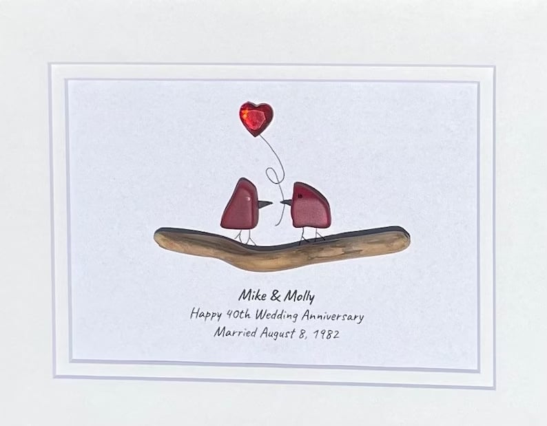 Ruby” Wedding Anniversary Personalized Sea Glass Art, 8x10" Framed Handmade Artwork, Anniversary Gift, Wife, Husband, Parents, Friend