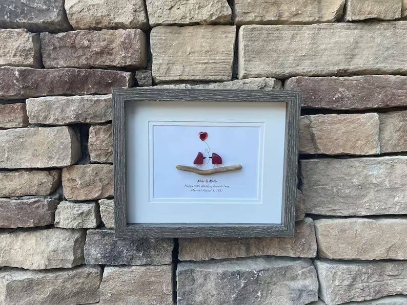 Ruby” Wedding Anniversary Personalized Sea Glass Art, 8x10" Framed Handmade Artwork, Anniversary Gift, Wife, Husband, Parents, Friend