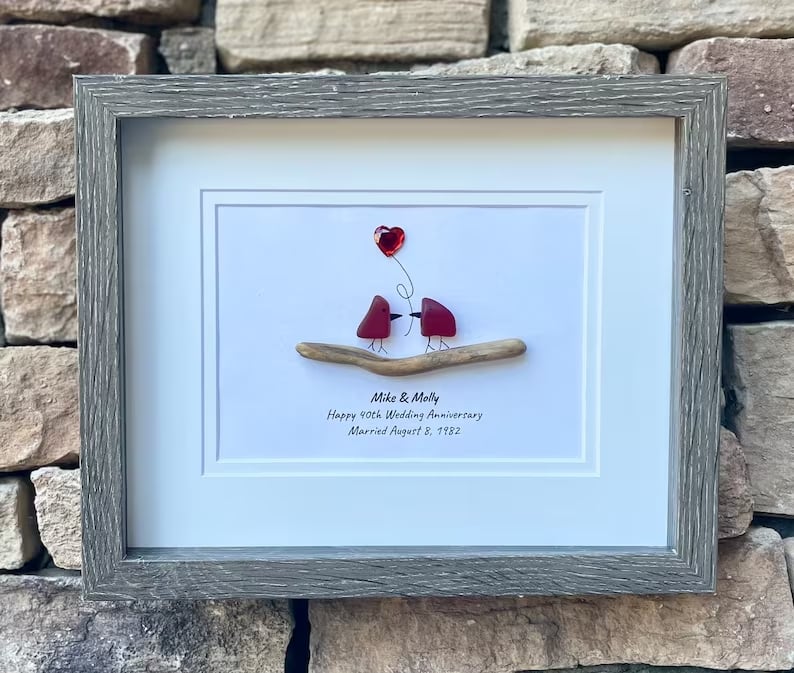 Ruby” Wedding Anniversary Personalized Sea Glass Art, 8x10" Framed Handmade Artwork, Anniversary Gift, Wife, Husband, Parents, Friend