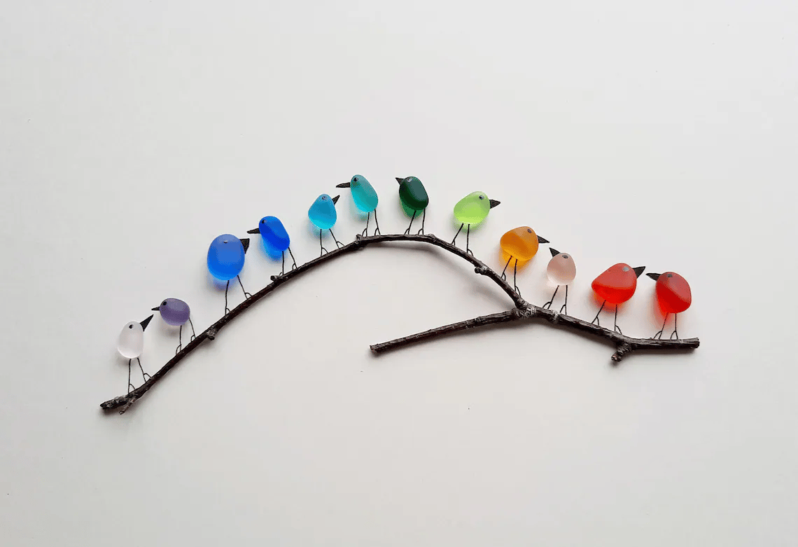 Sea Glass Rainbow Birds - Sea Glass Art- Sea Glass & Driftwood Picture - Framed Unique Handmade