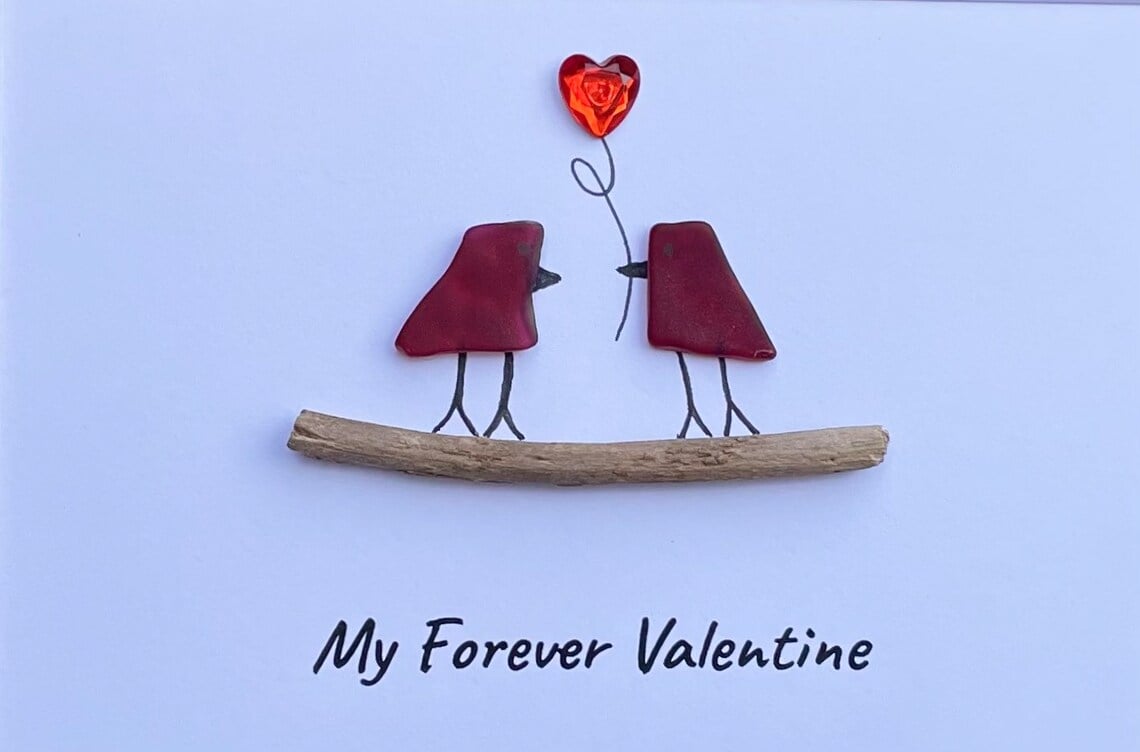 ❤️“My Forever Valentine”❤️ Sea Glass Art Showing Two Birds in Love, A gift for someone to love