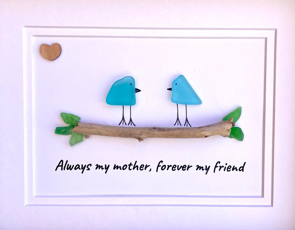 ❤️Unique Gift for Mom, Sea Glass Art Captioned “Always my mother, forever my friend”Mother’s Day Gift,