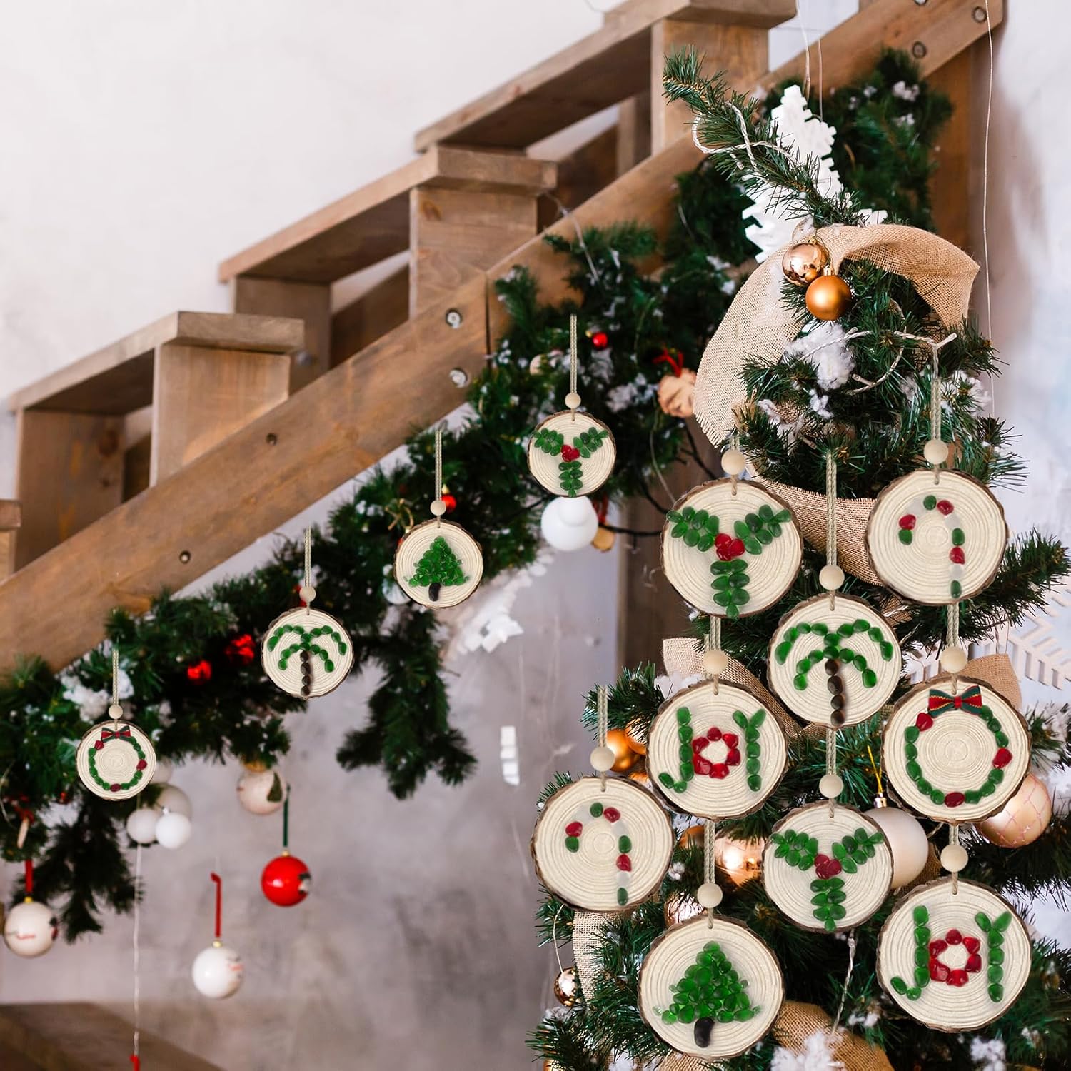 12Pcs Wooden Christmas Ornaments with Sea Glass, Wood Hanging Christmas Decorations for Coastal Beach Nautical Farmhouse Rustic Tropical Palm Tree Xmas Tree Deocr, Unique Handmade