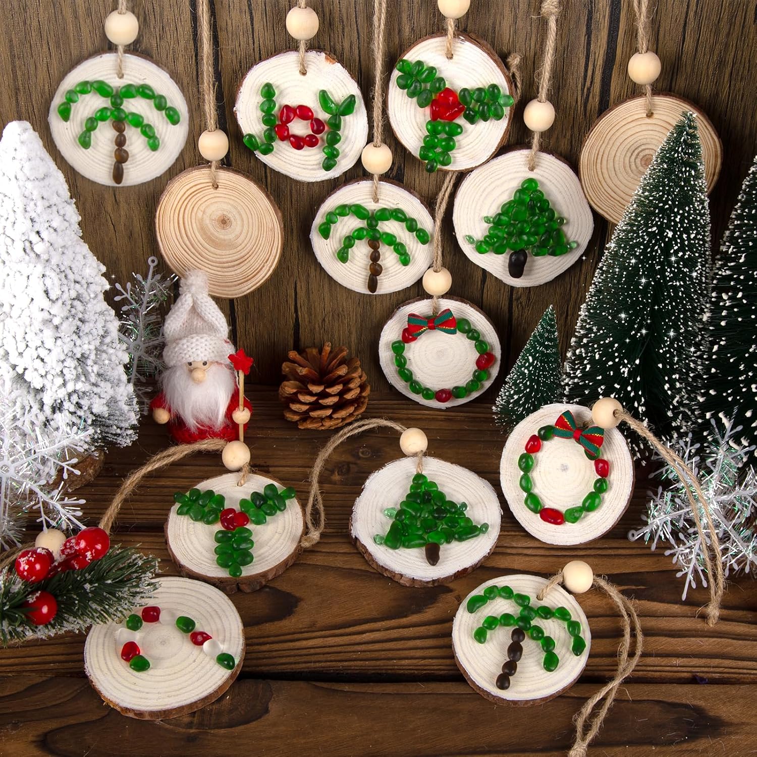 12Pcs Wooden Christmas Ornaments with Sea Glass, Wood Hanging Christmas Decorations for Coastal Beach Nautical Farmhouse Rustic Tropical Palm Tree Xmas Tree Deocr, Unique Handmade