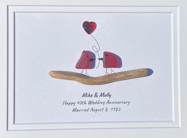 Ruby” Wedding Anniversary Personalized Sea Glass Art, 8x10" Framed Handmade Artwork, Anniversary Gift, Wife, Husband, Parents, Friend