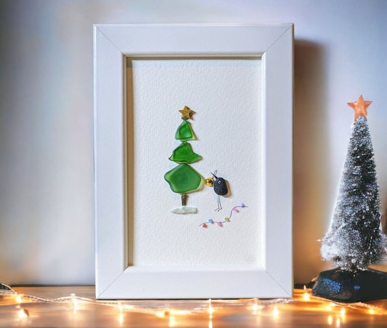 Sea Glass Christmas Tree Gift, Pebble & Sea Glass Art Christmas Tree Picture Frame, Sea Glass Art Christmas Ornament, Unique Christmas Decor image 4
