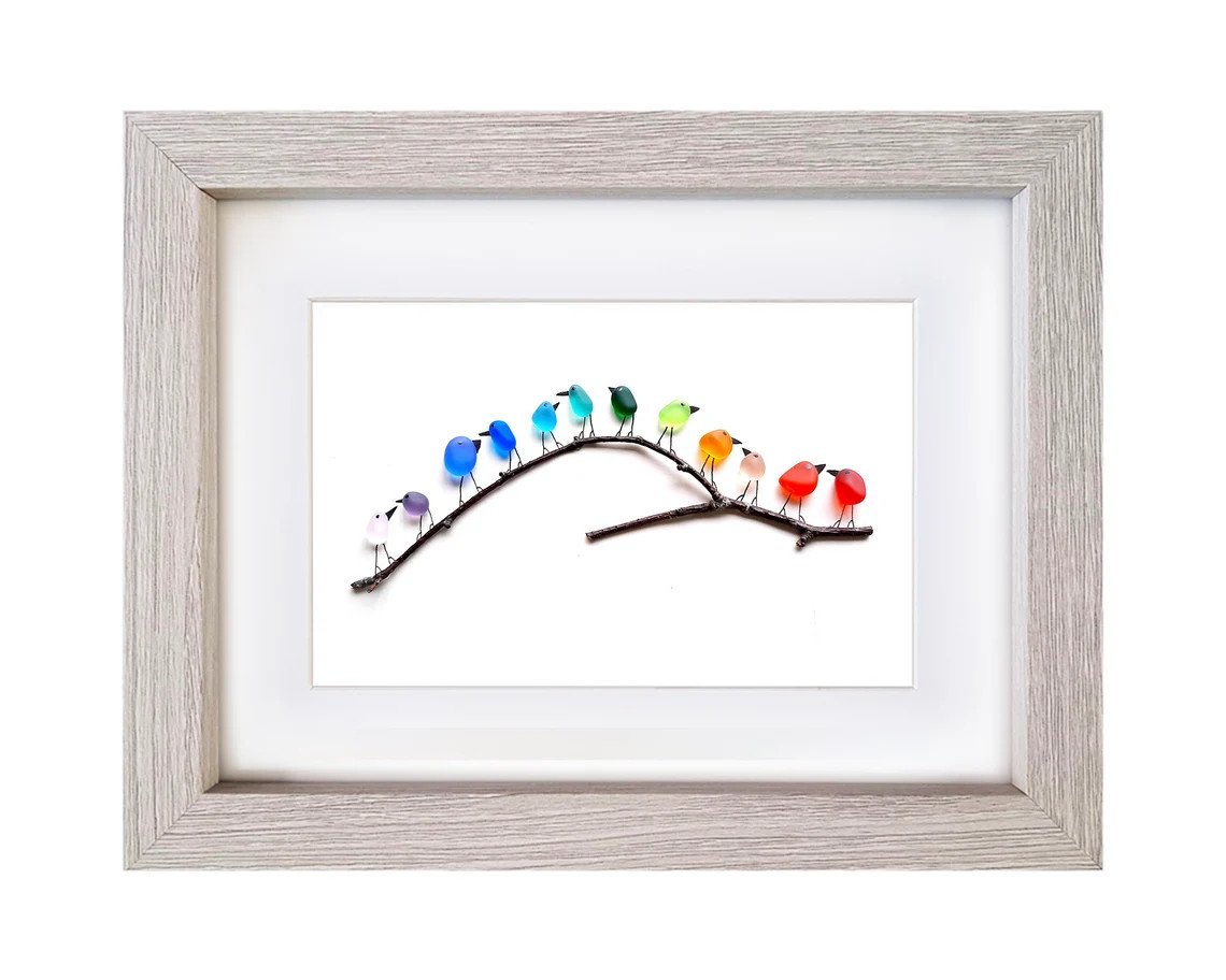 Sea Glass Rainbow Birds - Sea Glass Art- Sea Glass & Driftwood Picture - Framed Unique Handmade